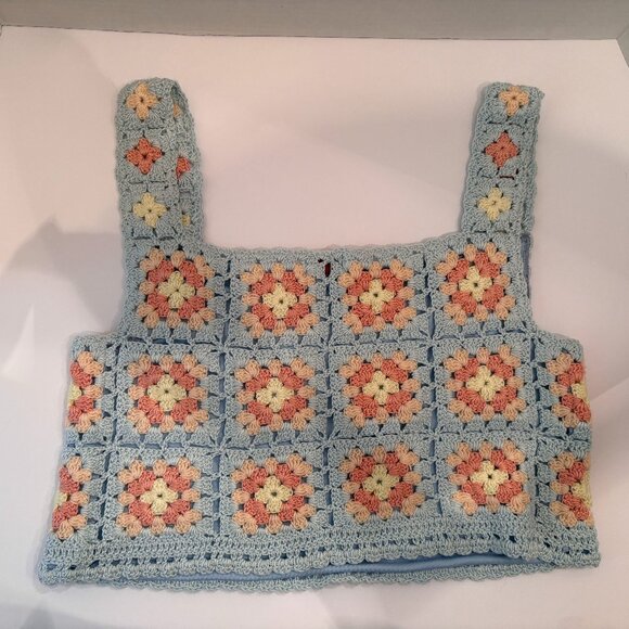 Hand Crafted, Size S, Crochet Top, Slightly Cropped, Blue, Pink and Yellow - Picture 3 of 4